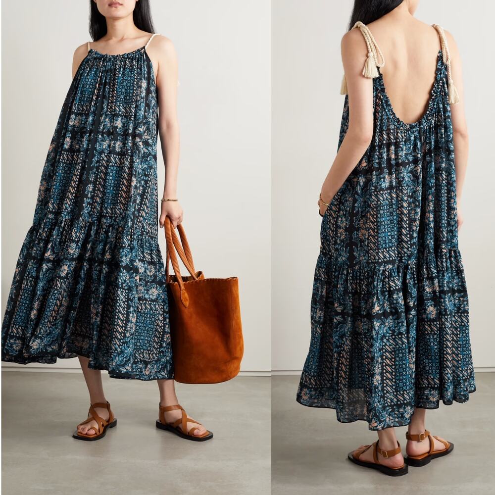 Ulla Johnson Navy Blue and Teal Floral Midi Dress great condition